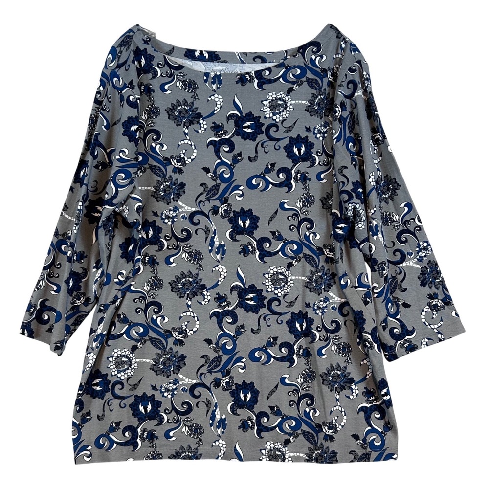 Chicos Size 4 Grey Blue Floral Paisley Boat Neck 3/4 Sleeve Top Plus Size Curvy